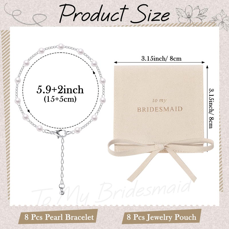 Quelay 16 Pcs Jewelry Bridesmaid Gift Pearl Bracelet Microfiber Jewelry Bag Pouch Set of 8 for Wedding Bridal Party Favor(Cream-colored, Sliver,Bow Tie) - Image 2