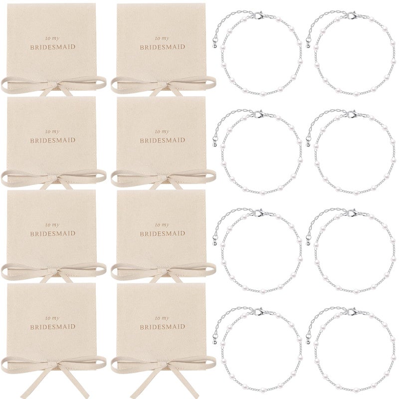 Quelay 16 Pcs Jewelry Bridesmaid Gift Pearl Bracelet Microfiber Jewelry Bag Pouch Set of 8 for Wedding Bridal Party Favor(Cream-colored, Sliver,Bow Tie) - Image 1