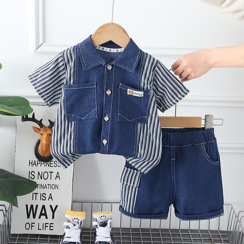 2024 Children'S Short-Sleeved Summer Two-Piece Set Boys' Western-Style Breathable Thin Denim Shorts Trendy - Image 3