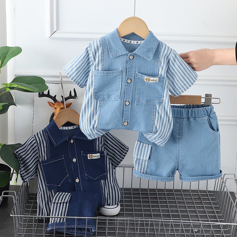 2024 Children'S Short-Sleeved Summer Two-Piece Set Boys' Western-Style Breathable Thin Denim Shorts Trendy - Image 2