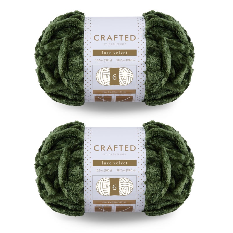 Crafted by Catherine Luxe Velvet Solid Yarn - 2 Pack (300 g / 10.5 oz, 98 Yards Each Skein), Olive, Gauge 6 Super Bulky - Image 1