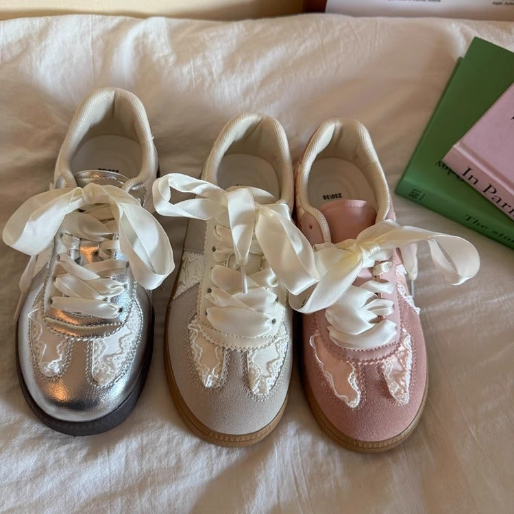 Women's Silver Lace Retro German Trainer Shoes - Image 2