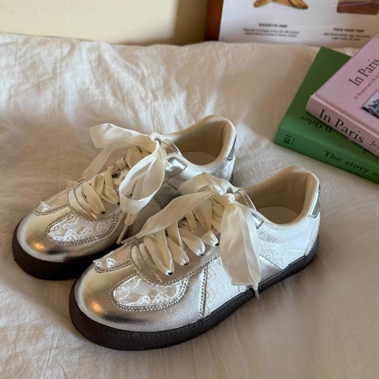 Women's Silver Lace Retro German Trainer Shoes - Image 3