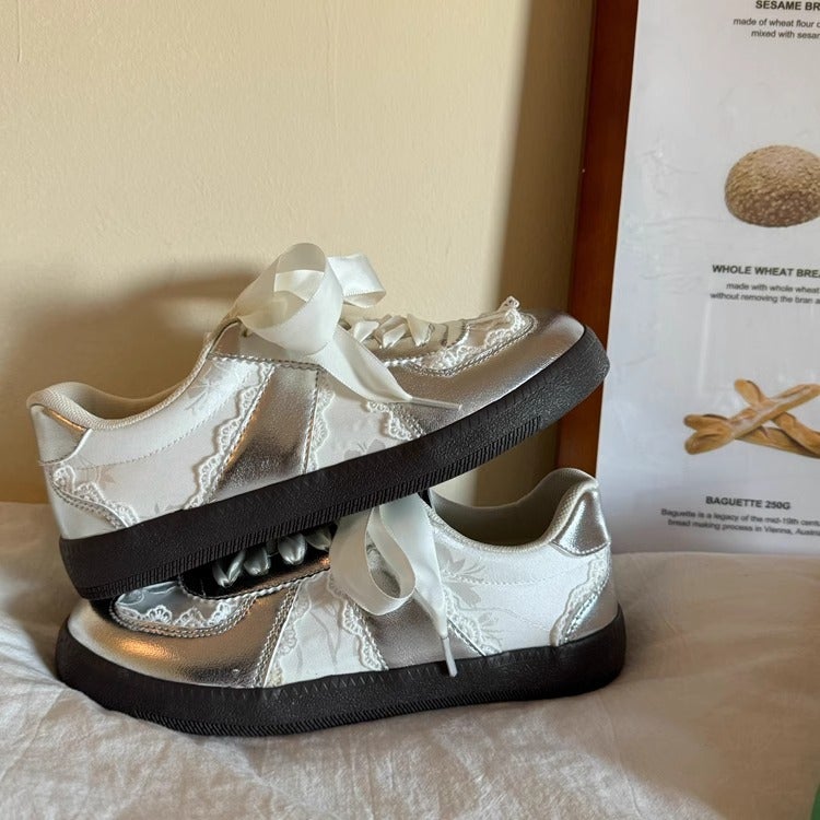 Women's Silver Lace Retro German Trainer Shoes - Image 5