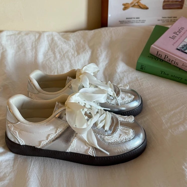 Women's Silver Lace Retro German Trainer Shoes - Image 4