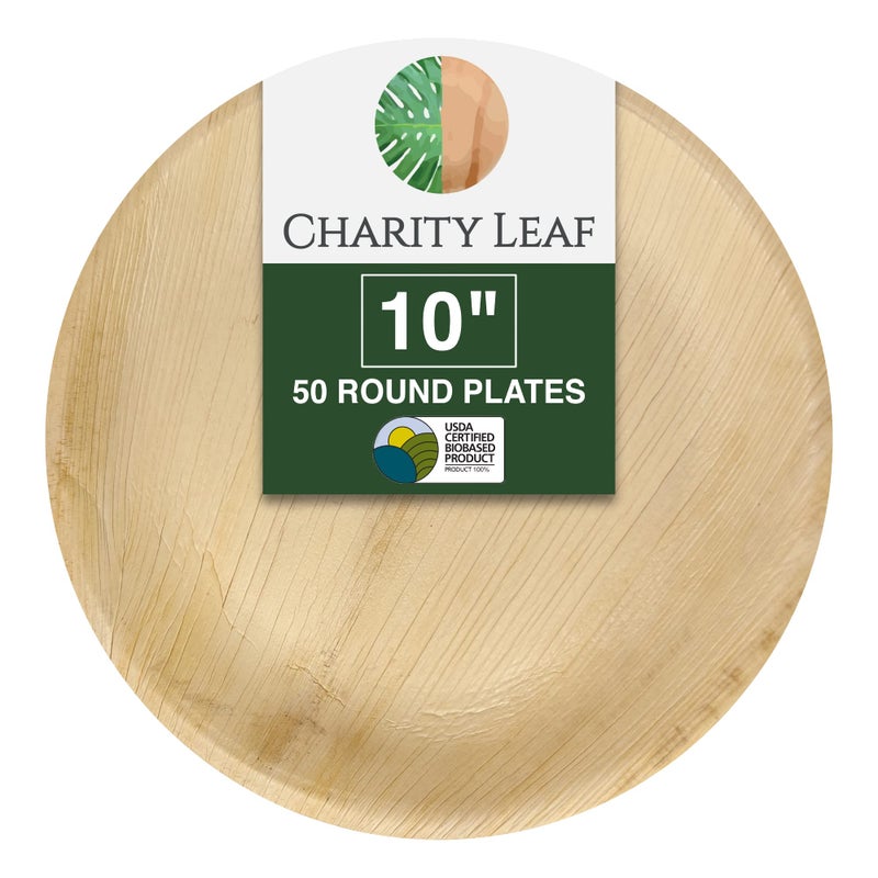 Charity Leaf Disposable Palm Leaf 10 Round Plates 50 pieces Bamboo Like Serving Platters Disposable Boards EcoFriendly Dinnerware For Weddings Catering Events