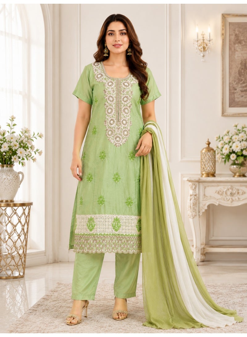 JOLLITY LLC Women's Light Green Embroidered Salwar Kameez Suit Set with Dupatta - Large Size (L) | 3 Piece Traditional Pakistani Indian Ethnic Wear for Eid & Parties - Image 1