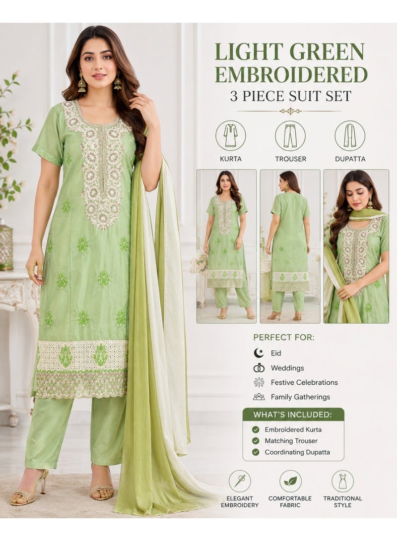 JOLLITY LLC Women's Light Green Embroidered Salwar Kameez Suit Set with Dupatta - Large Size (L) | 3 Piece Traditional Pakistani Indian Ethnic Wear for Eid & Parties - Image 2