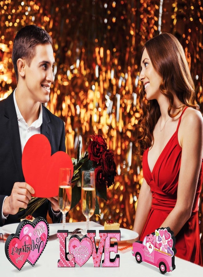 كابودا مجموعة كابودا من 3 قطع لتزيين طاولة عيد الحب، طباعة على الوجهين، لافتات خشبية لعيد الحب، لافتات على شكل قلب أحمر، قطع مركزية خشبية لحفلات المنزل (وردي) - Image 4