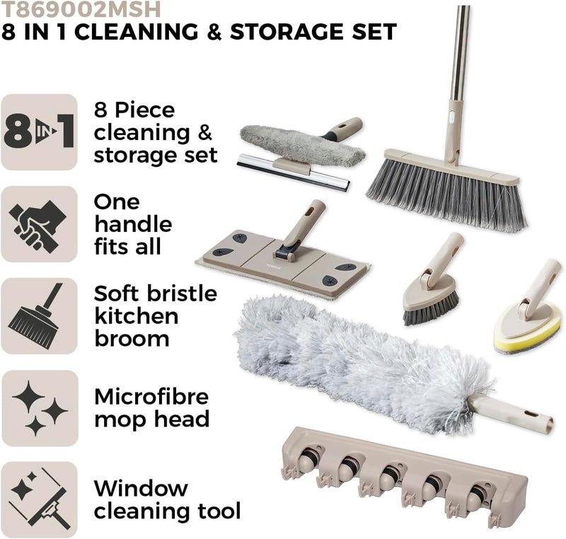 Tower T869002MSH Cavaletto 8 Piece Cleaning & Storage Set with Three Part Handle, Flat Mop Head, Broom Head, Microfibre Duster, Window, Tile, Scrubbing & Wall Holder, Latte - Image 2