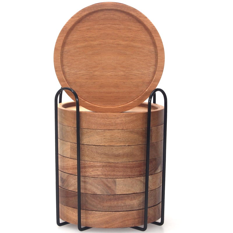Renawe Rustic Wooden Coasters Set of 8 Farmhouse Coffee Table Decor Acacia Wood Drink Coaster with Holder Modern Outdoor Bar Cool Cup Costers Kitchen Accessories Decoration Home Dining Coasters Gift - Image 5