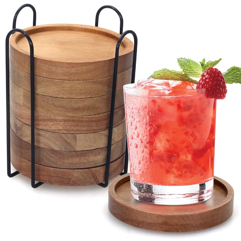 Renawe Rustic Wooden Coasters Set of 8 Farmhouse Coffee Table Decor Acacia Wood Drink Coaster with Holder Modern Outdoor Bar Cool Cup Costers Kitchen Accessories Decoration Home Dining Coasters Gift - Image 1
