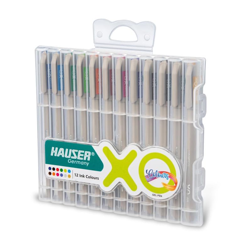 HAUSER قلم جيل متعدد الألوان Flair XO مع علبة صلبة | تصميم أنيق وبسيط | تشطيب غير لامع | طرف فائق التحمل | مجموعة من 12 لون حبر زاهي - Image 2