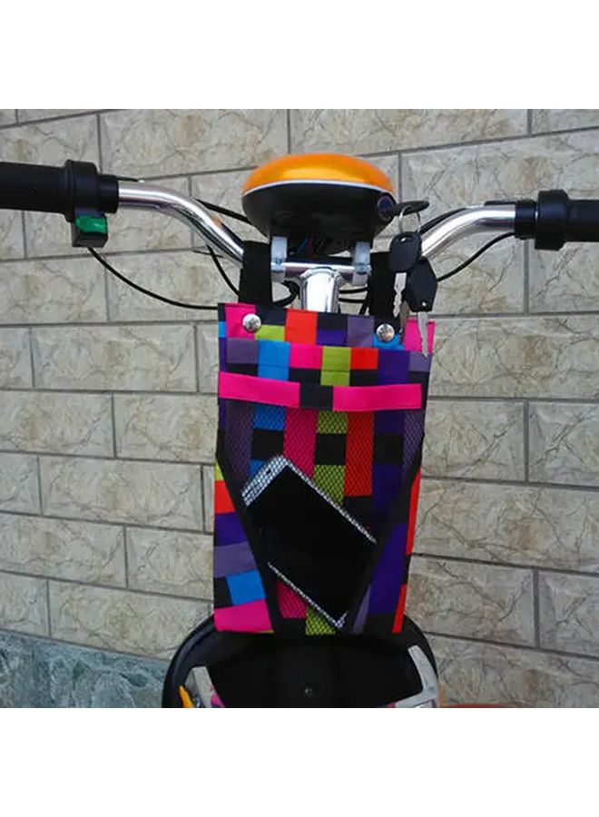 Colored Checkerboard Canvas Bike Front Basket Bag With Zipper Pockets Phone Holder - Image 5
