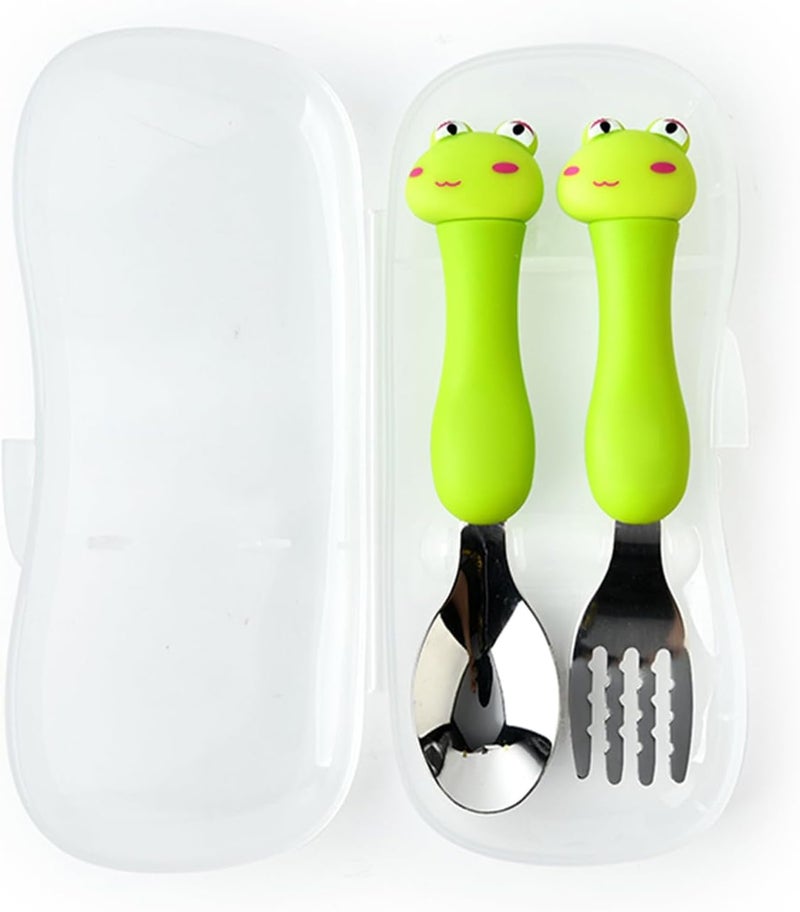 Green Kids Travel Cutlery Set 2Pcs Stainless Steel Spoon Fork Animal Design for Daycare School - Image 1