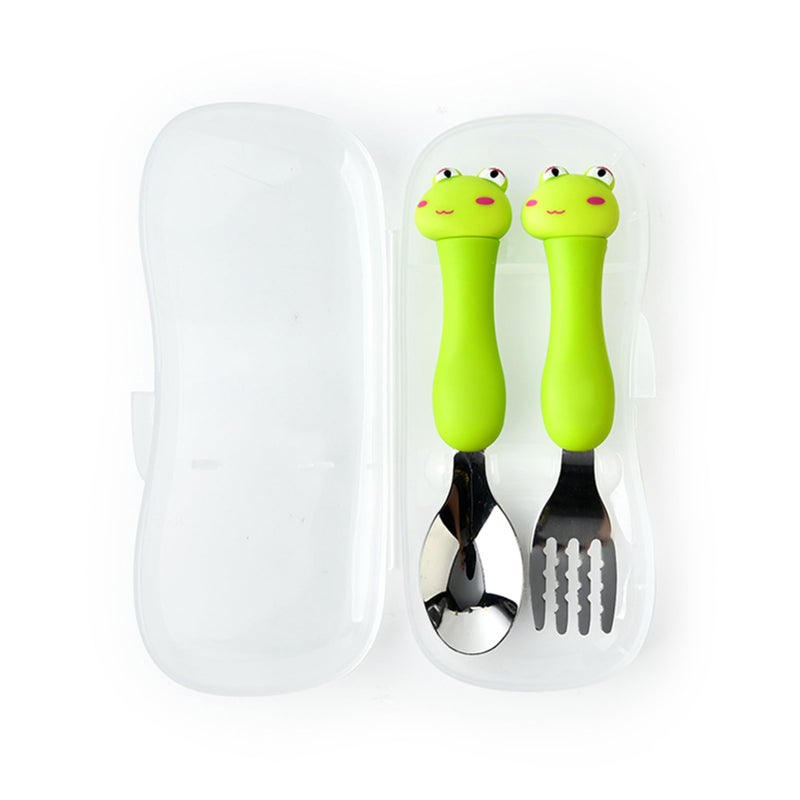 Green Kids Travel Cutlery Set 2Pcs Stainless Steel Spoon Fork Animal Design for Daycare School - Image 2