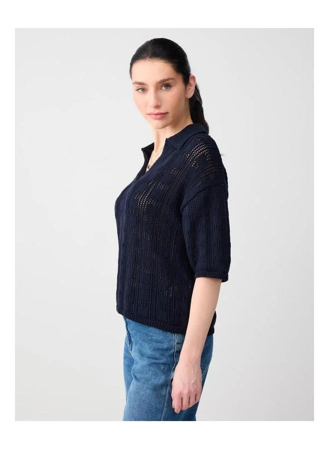 Jimmy Key Navy Blue Loose Polo Collar Knit Blouse.