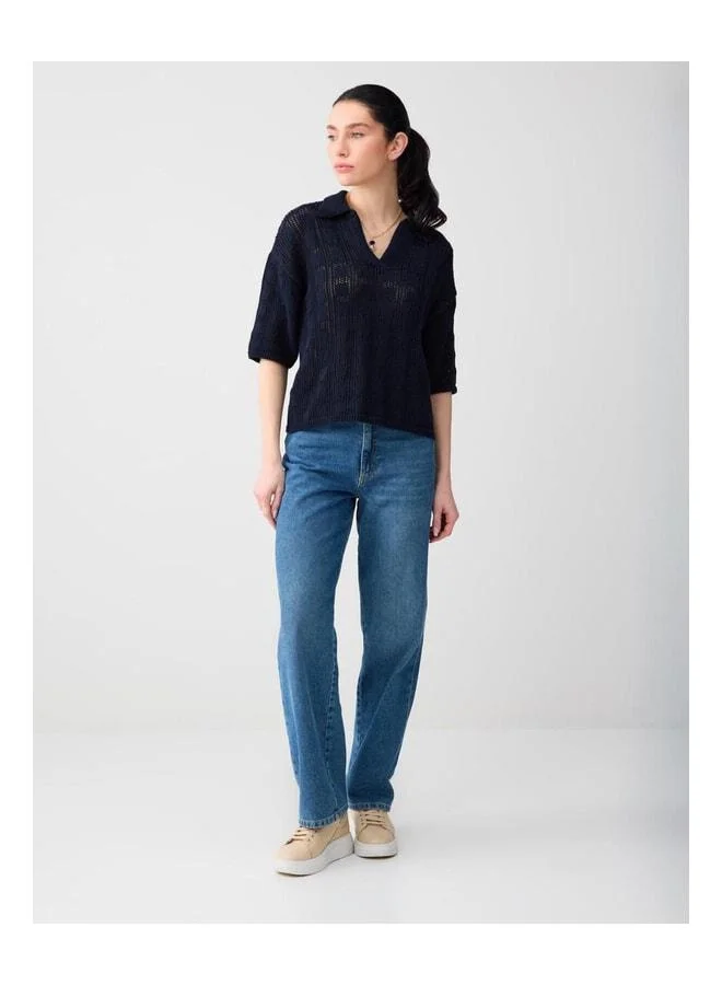 Jimmy Key Navy Blue Loose Polo Collar Knit Blouse.