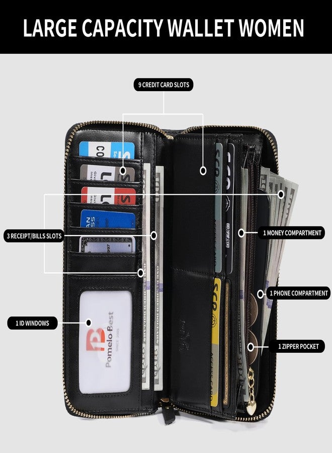 Pomelo Best Womens Wallet RFID Blocking Leather Multi Credit Card Large Capacity Zip Around Wallets Clutch Wristlet Travel Long Purse for Lady Black - Image 3