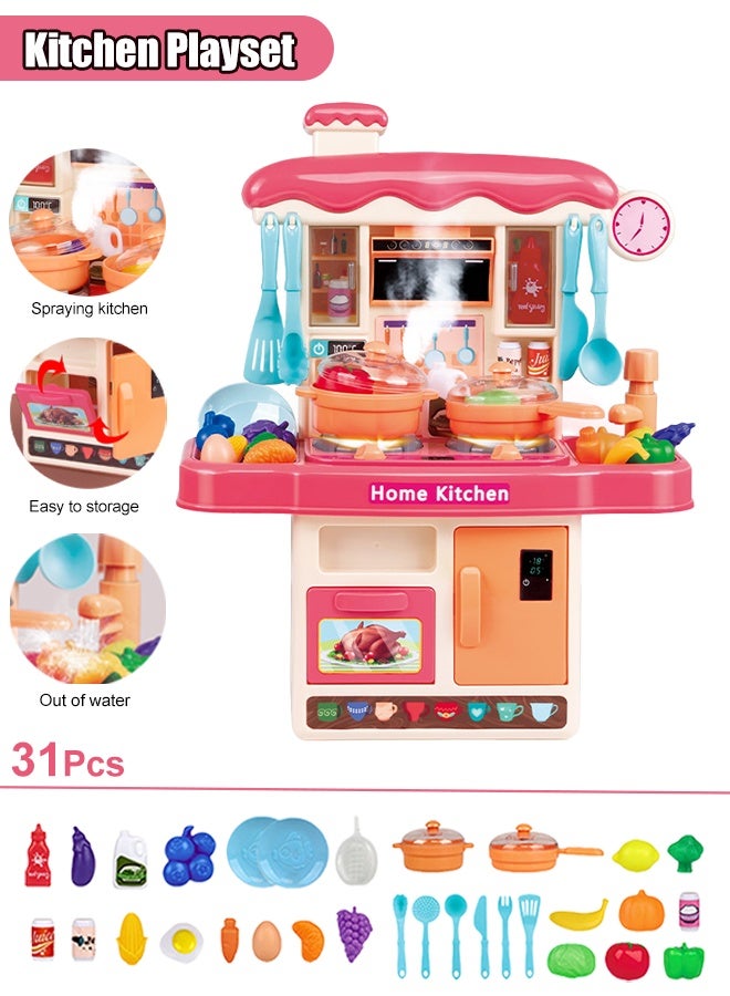 Kitchen Playset, Kitchen Pretend Play Toy Set, Rich Realistic Details Include Steam,Light,Water,Sound, Separable Design Kids Pretend Kitchen Toys, Role Play Cookware Indoor DIY Toy Set, 31pcs Accessories Toys Sets With Spray And Light for Boys, Girls, Kids, Children, Pink - Image 1