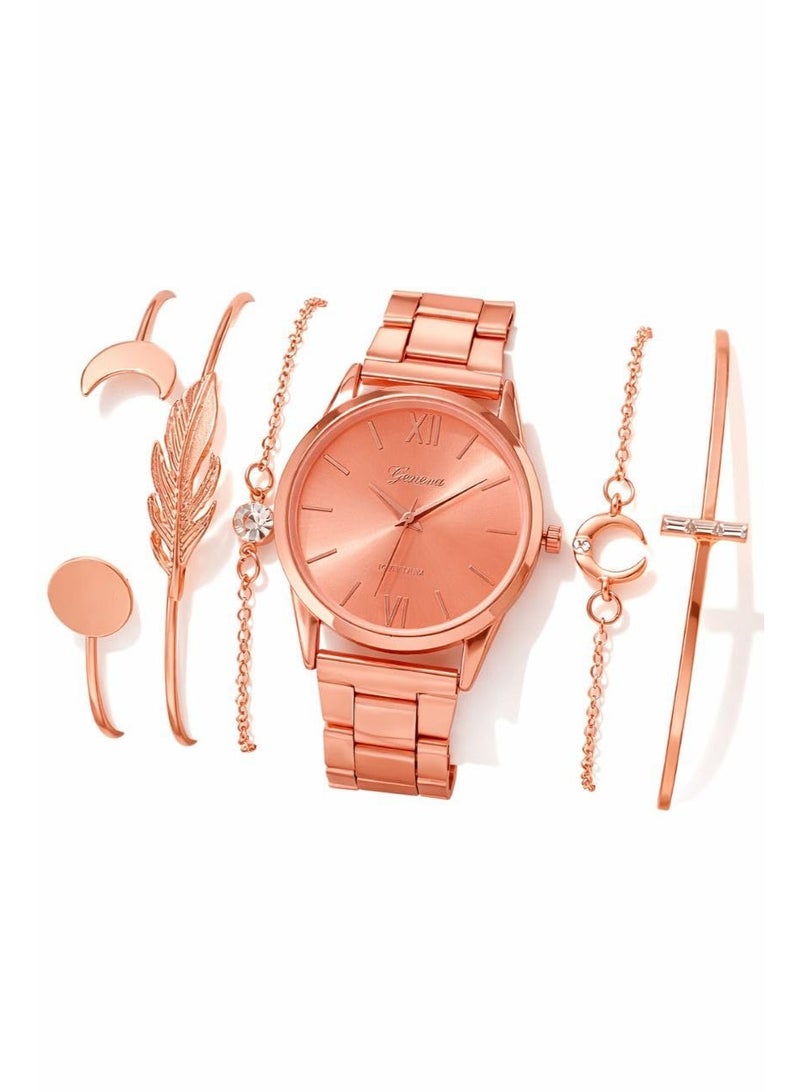 SHEIN-Ladies Watch Quartz Watch & 5pcs Bracelet-Rose Gold - Image 1