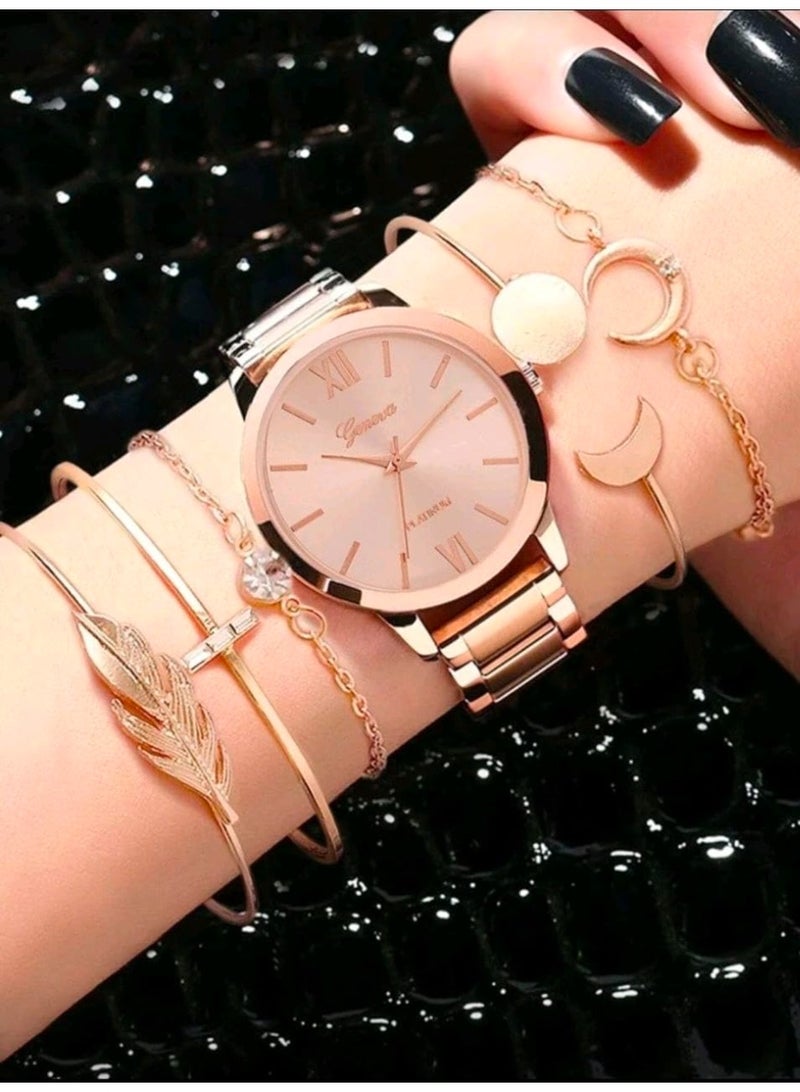 SHEIN-Ladies Watch Quartz Watch & 5pcs Bracelet-Rose Gold - Image 2