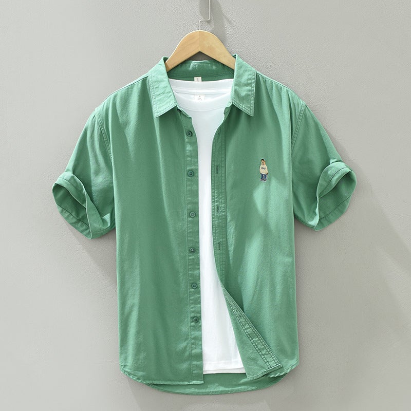 2535 Summer Simple Joker Solid Color Embroidered Short Sleeve Shirt Japanese Loose Casual Half Sleeve Shirt A Generation Of Hair - Image 2