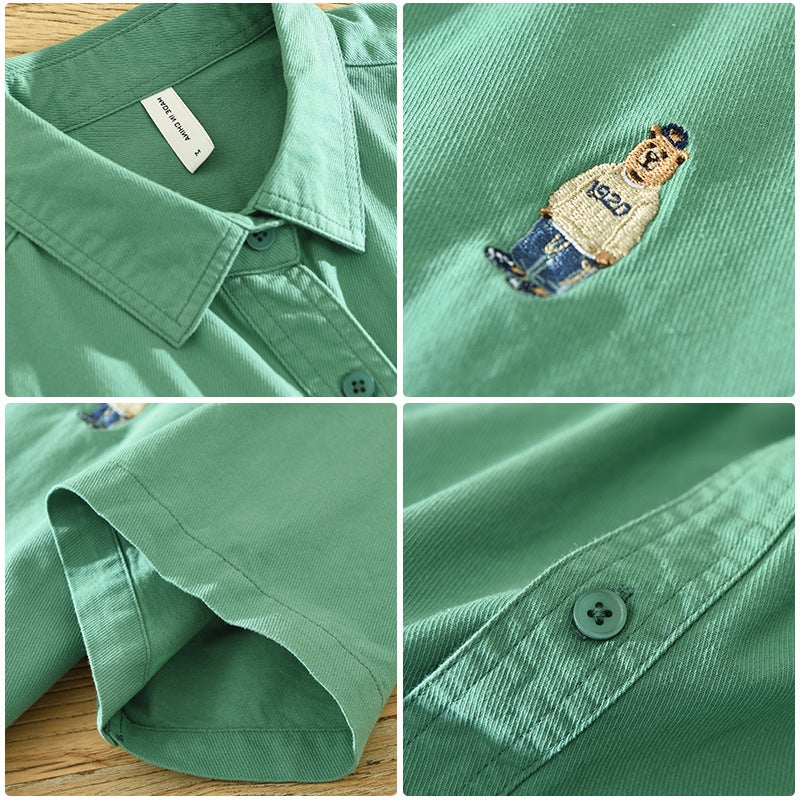 2535 Summer Simple Joker Solid Color Embroidered Short Sleeve Shirt Japanese Loose Casual Half Sleeve Shirt A Generation Of Hair - Image 5