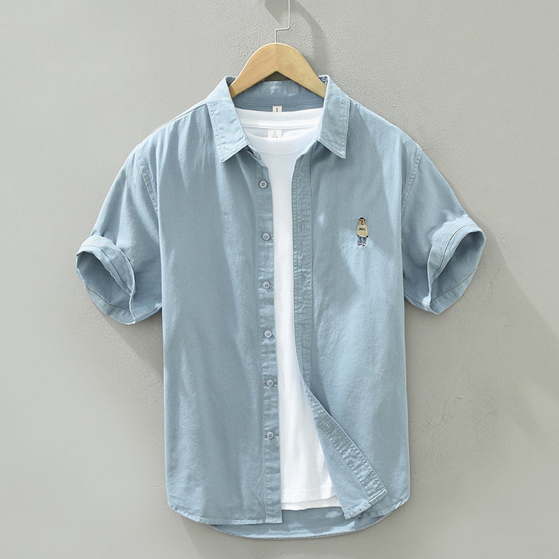 2535 Summer Simple Joker Solid Color Embroidered Short Sleeve Shirt Japanese Loose Casual Half Sleeve Shirt A Generation Of Hair - Image 1
