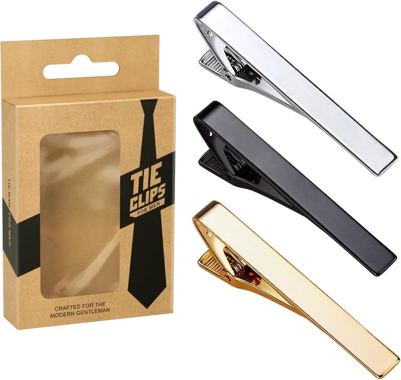 Roctee Tie Clips for Men, 3 Pack Classic Tie Clip Silver Gold Black Necktie Tie Bar Pinch Clips Suitable For Wedding Anniversary Business - Image 2