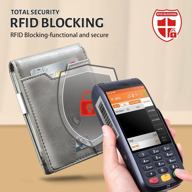 GSOIAX محفظة الرقيقة للرجال، مزودة بحماية ضد تقنية RFID، تصميم مزدوج الأجزاء، مصنوعة من جلد أصلي وألياف كربونية، تحتوي على حامل لبطاقات الائتمان، باللون الرمادي، رفيعة الوزن، مع صندوق هدايا. - Image 4