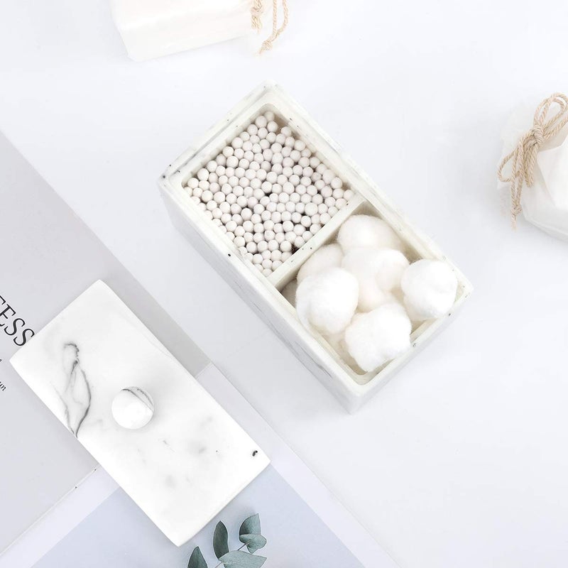Luxspire Luxspire Cotton Swab Holder, Qtip Holder Dispenser with Lid, 2 Compartments Cotton Ball Holder, Bathroom Container for Cotton Round, Cotton Ball, Floss, Marble Bathroom Accessories - Ink White  - Image 2