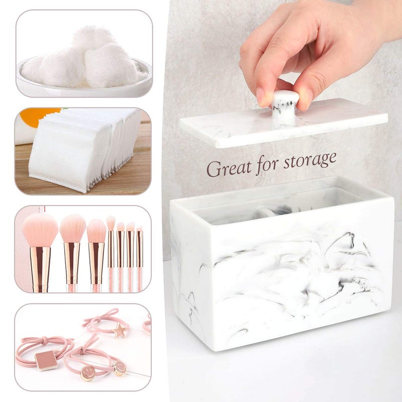Luxspire Luxspire Cotton Swab Holder, Qtip Holder Dispenser with Lid, 2 Compartments Cotton Ball Holder, Bathroom Container for Cotton Round, Cotton Ball, Floss, Marble Bathroom Accessories - Ink White  - Image 3