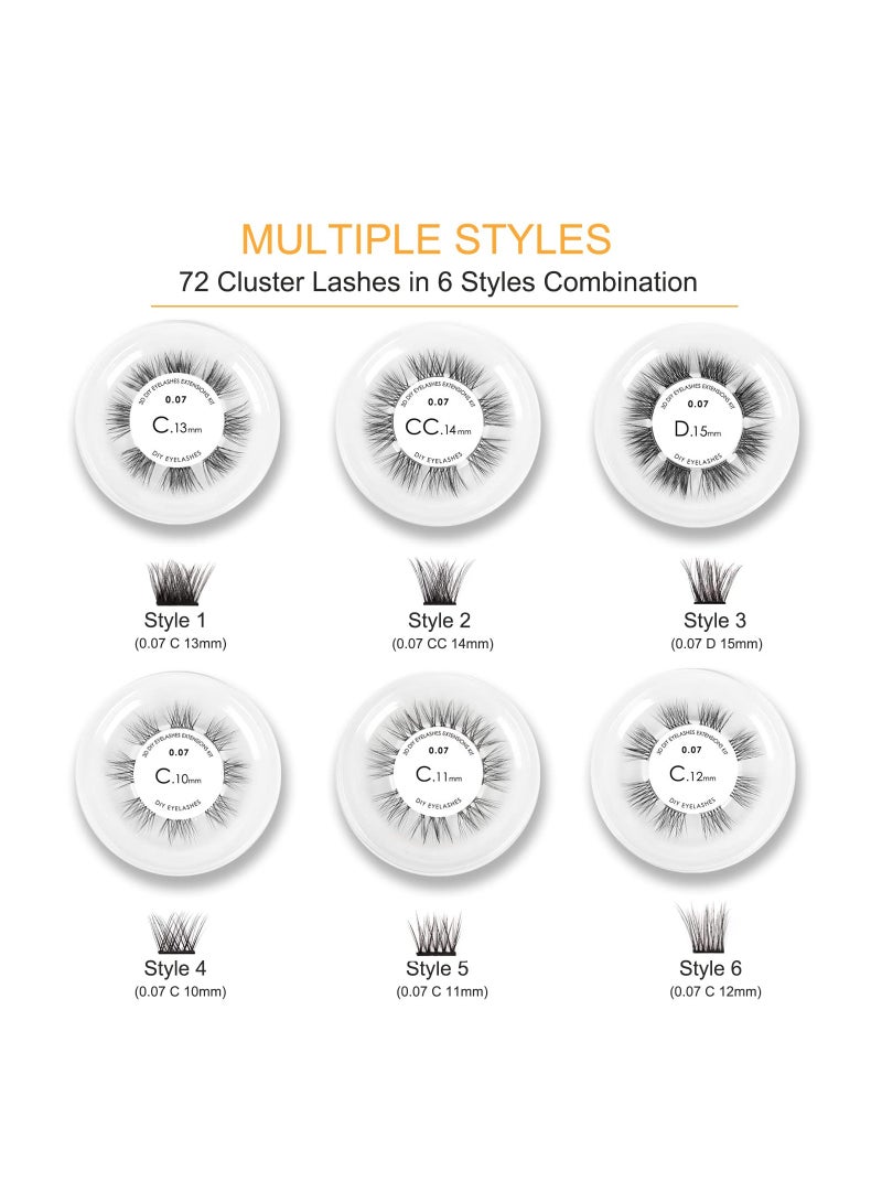 DIY Lash Extension Kit - 72 Soft & Lightweight Volume Clusters, C Curl 0.07mm, 10-15mm Mixed Lengths, At-Home Eyelash Extensions with Glue & Tweezers Included. - Image 3