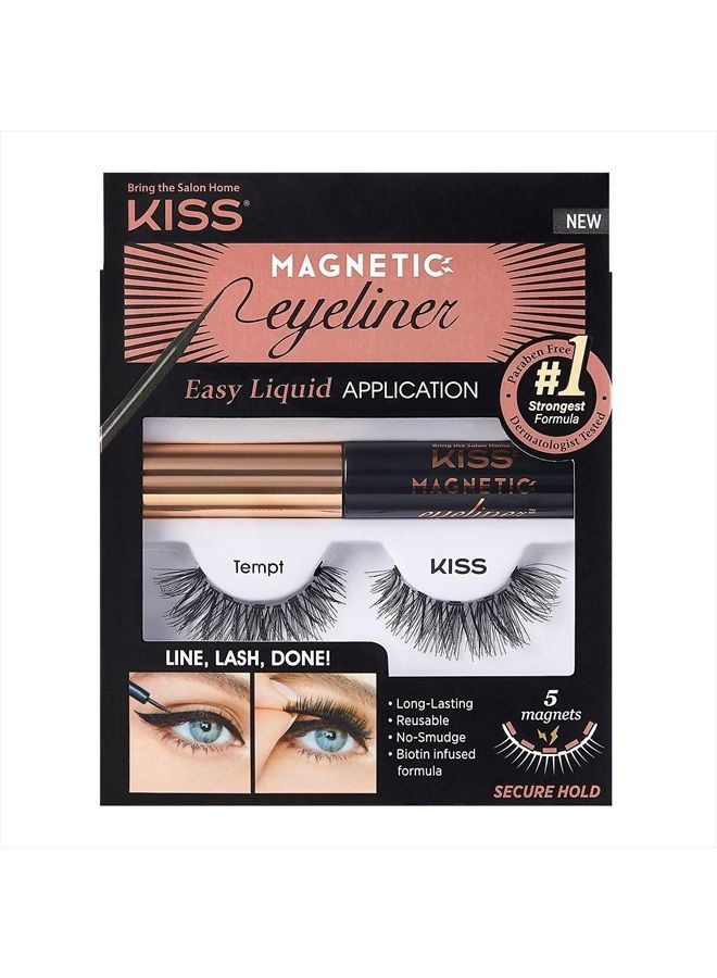 KISS Magnetic Eyeliner & Lash Kit, Tempt, 1 Pair of Synthetic False Eyelashes With 5 Double Strength Magnets and Smudge Proof, Biotin Infused Black Magnetic Eyeliner with Precision Tip Brush  - Image 1