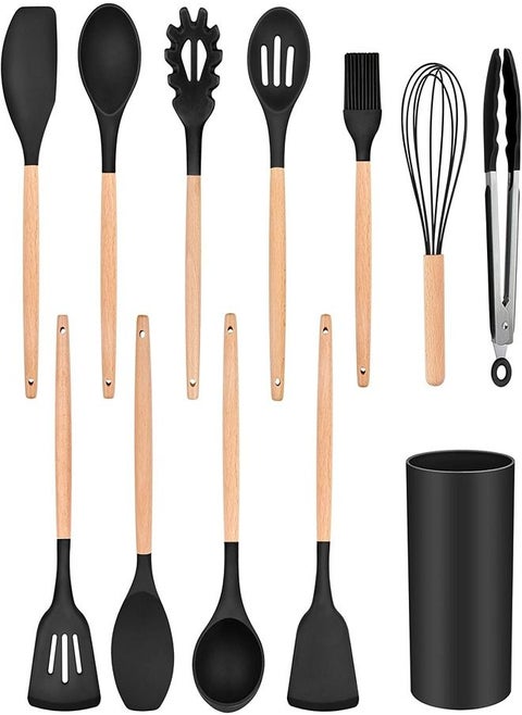 11- Piece Wooden Handle Non Stick Cookware Spoon Set Black