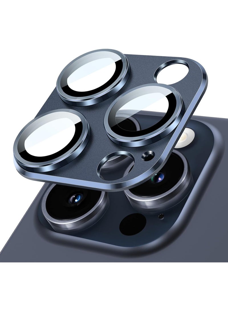 Camera Lens Protector for iPhone 15 Pro 6.1-Inch and iPhone 15 Pro Max 6.7-Inch, Full Coverage 9H Tempered Glass Ring Cover, Matte Metal Plate, Case Friendly, 1-Pack (Blue) - Image 1