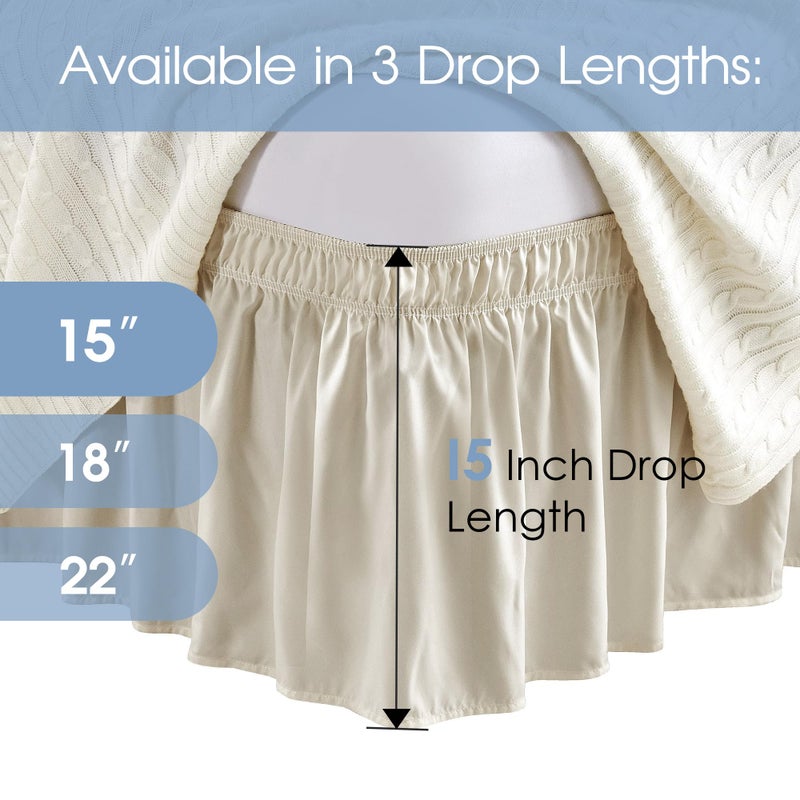 FreshCulture زراعة ثنائية الثقافة التوأم تنورة مرنة التفاف حول السرير تنورة توأم الحجم من السرير لسرير قابل للتعديل سهلة ملائمة مع 15 بوصة طول الفندق جودة الكشكشة الغبار لسرير التوأم (كريم) - Image 3