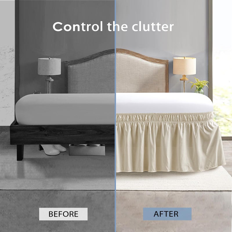 FreshCulture زراعة ثنائية الثقافة التوأم تنورة مرنة التفاف حول السرير تنورة توأم الحجم من السرير لسرير قابل للتعديل سهلة ملائمة مع 15 بوصة طول الفندق جودة الكشكشة الغبار لسرير التوأم (كريم) - Image 4