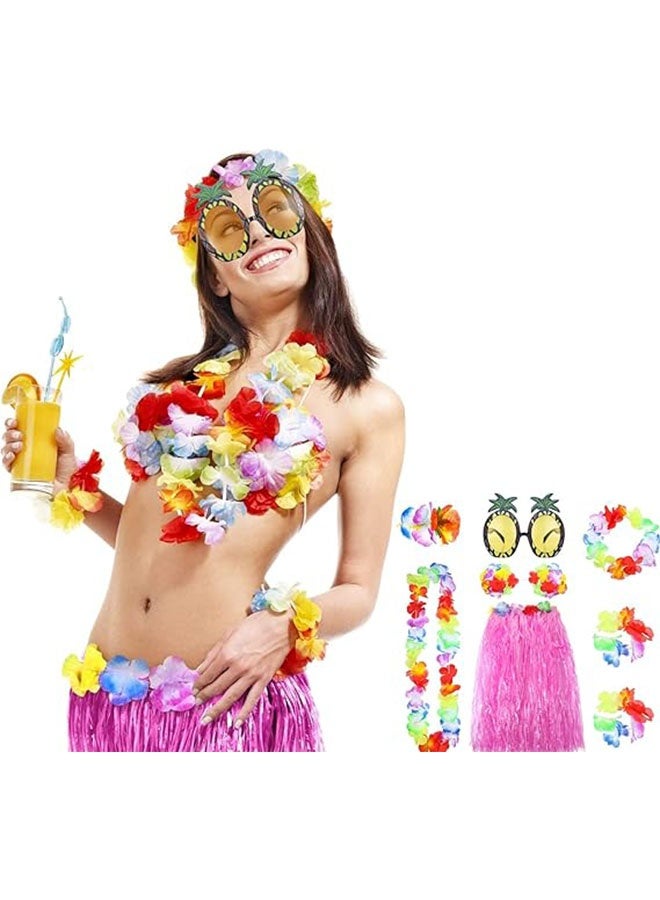 Ailily Hawaiian Grass Hula Skirt Costume Set Girl's Necklace Leis Garland Bracelets,Hawaiian Party Decoration,Hawaiian Hula Grass Skirt Sunglasses Leis Set - Image 2