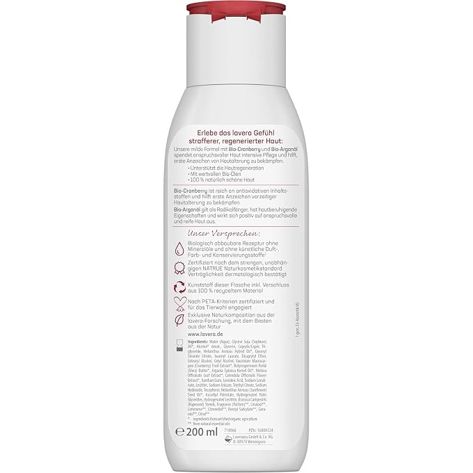 lavera Body Milk Regenerating - Body Lotion with Organic Cranberry & Organic Argan Oil - Vegan - Firming Care for Mature Skin - PETA Certified - Biodegradable - Natural Cosmetics (1 x 200 ml) - Image 2