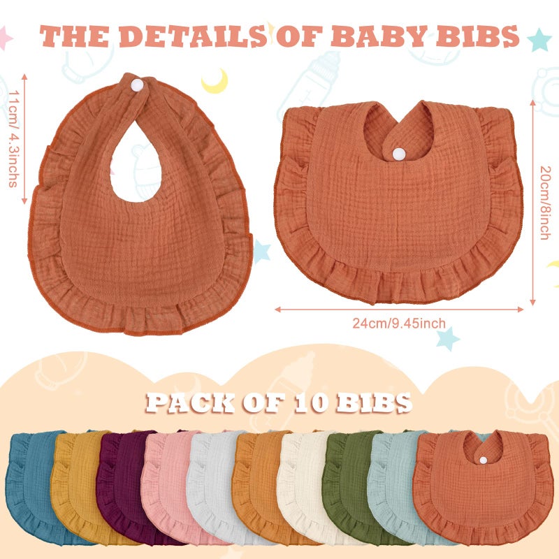 Seematn 10 Pcs Baby Muslin Bibs for Unisex Girls & Boys Drool Bibs Bandana Ruffle Soft Cotton for Newborn Infants Toddlers(Classic Colors) - Image 2