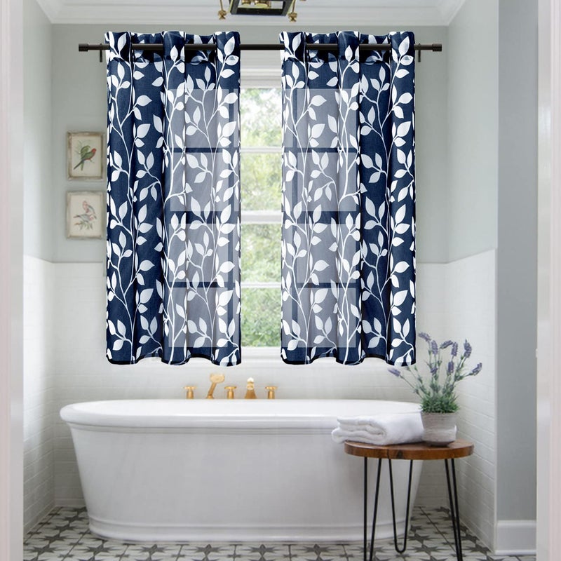 XTMYI XTMYI Blue Kitchen CurtansLeaf Pattern Short Length Bathroom Window Curtain48 Inch LongDark Navy and White