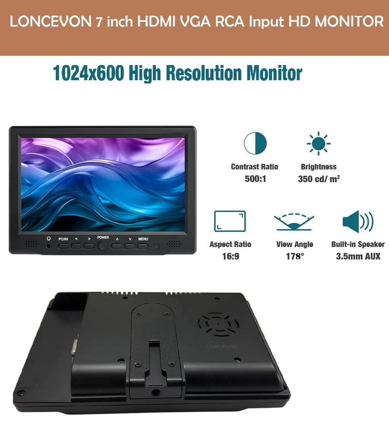 LONCEVON 7 inch Small HDMI VGA AV RCA Monitor 1080P Second Screen for PC/Security System/Game Console; IPS 1024X600 Pixels; 60HZ; Built in Loud Speakers & Earphone Jack; 12V USB Power Cable for Portable Use - Image 3