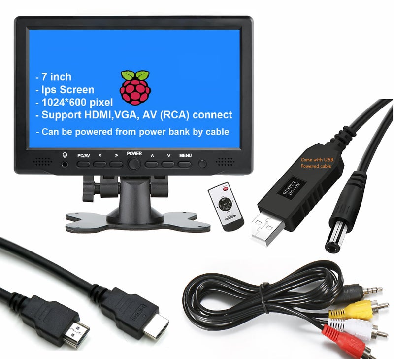 LONCEVON 7 inch Small HDMI VGA AV RCA Monitor 1080P Second Screen for PC/Security System/Game Console; IPS 1024X600 Pixels; 60HZ; Built in Loud Speakers & Earphone Jack; 12V USB Power Cable for Portable Use - Image 1