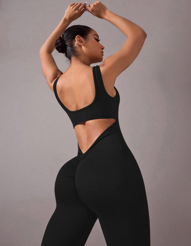 OLCHEE Womens Flare Workout Jumpsuits One Piece Scrunch Butt Lifting Backless Sleeveless Square Neck Gym Yoga Unitard - Black Medium - Image 2