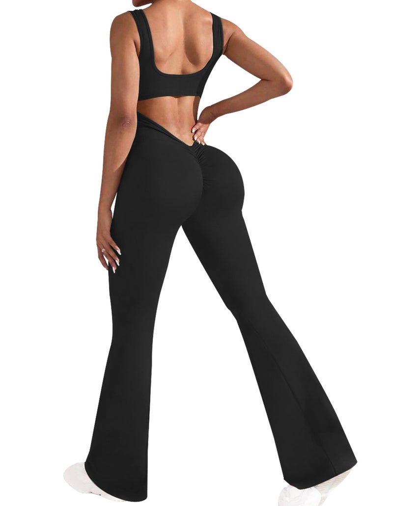 OLCHEE Womens Flare Workout Jumpsuits One Piece Scrunch Butt Lifting Backless Sleeveless Square Neck Gym Yoga Unitard - Black Medium - Image 1