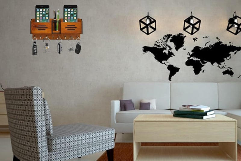 Phical Art Decorative Wooden Key Holder with Mobile and Pan Stand Key Holder with 8 Stainless Steel Hooks - Image 4