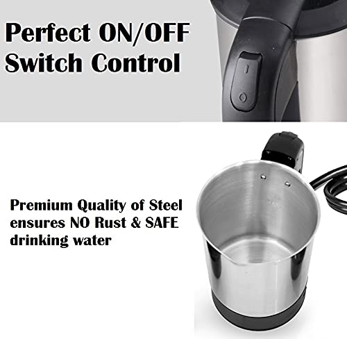 GIONEE Stainless Steel 0.5Litre Steel Body Portable Travel Electric Kettle For Water/Tea/Coffee/Milk/Noodle With Rapid Heating By Concealed Element,Auto Shut Off&Dry Boil Protection(Silver)1100 Watts - Image 5