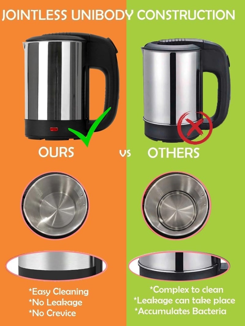 GIONEE Stainless Steel 0.5Litre Steel Body Portable Travel Electric Kettle For Water/Tea/Coffee/Milk/Noodle With Rapid Heating By Concealed Element,Auto Shut Off&Dry Boil Protection(Silver)1100 Watts - Image 2
